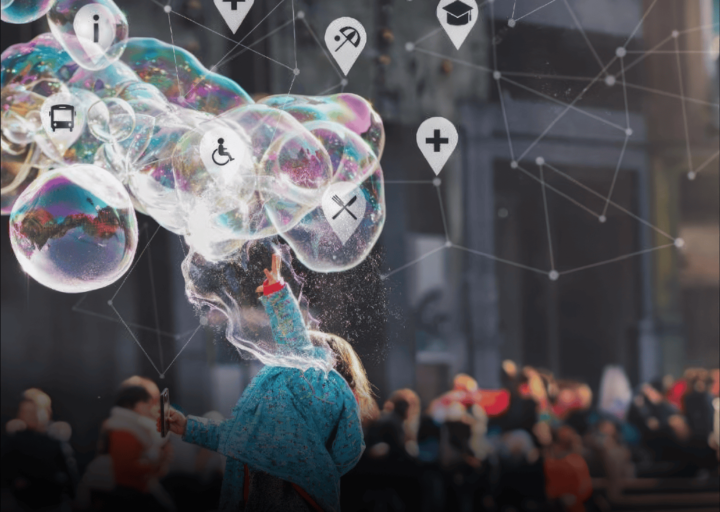 Girl playing with bubbles with icons