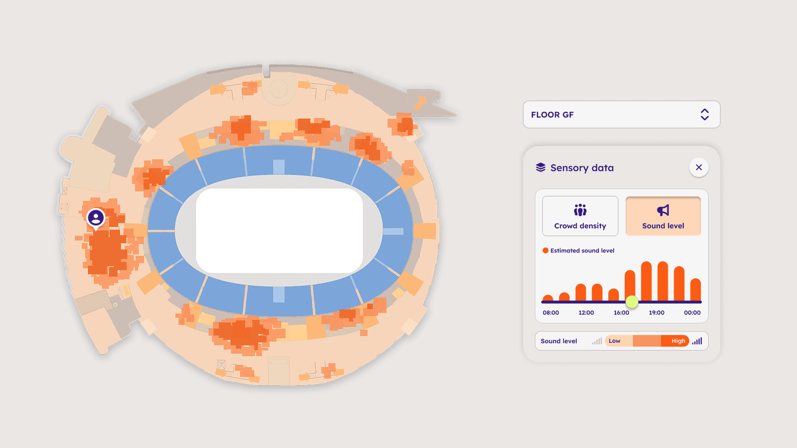 A sensory map of the arena showing areas with crowds, sound levels and other sensory conditions